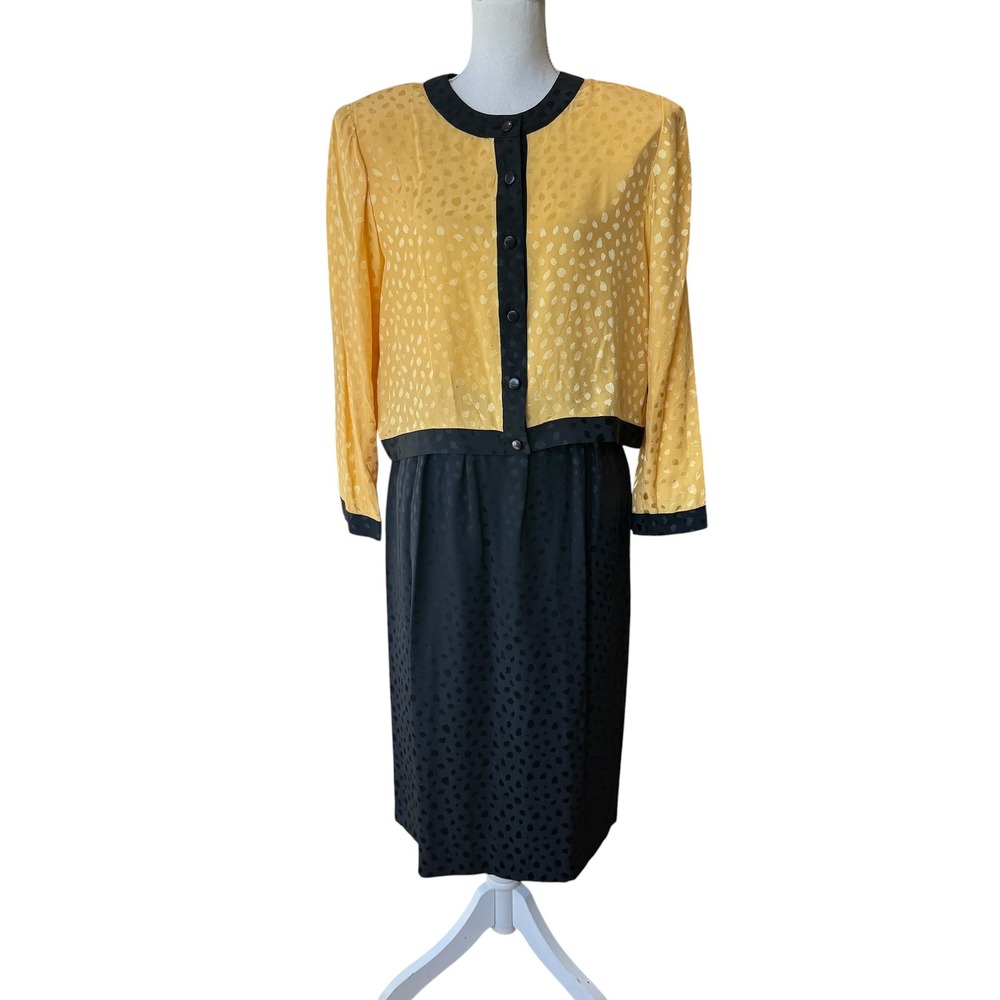 Papell Petites Vintage 100% Silk 2 Piece Skirt Set Yellow Black Jacquard Size 12